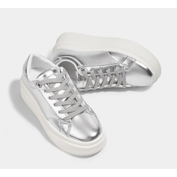 Lucky Step Women Silver Platform Faux Leather Low Top Casual Walking Sneakers - Picture 6 of 9